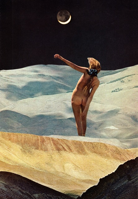 collage of a nude woman standing in a bare landscape beneath a crescent moon