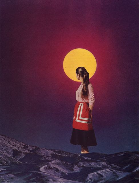 collage of a woman standing with hands folded behind her back, her head turned away and silhouetted against a bright yellow moon in a dark purple sky