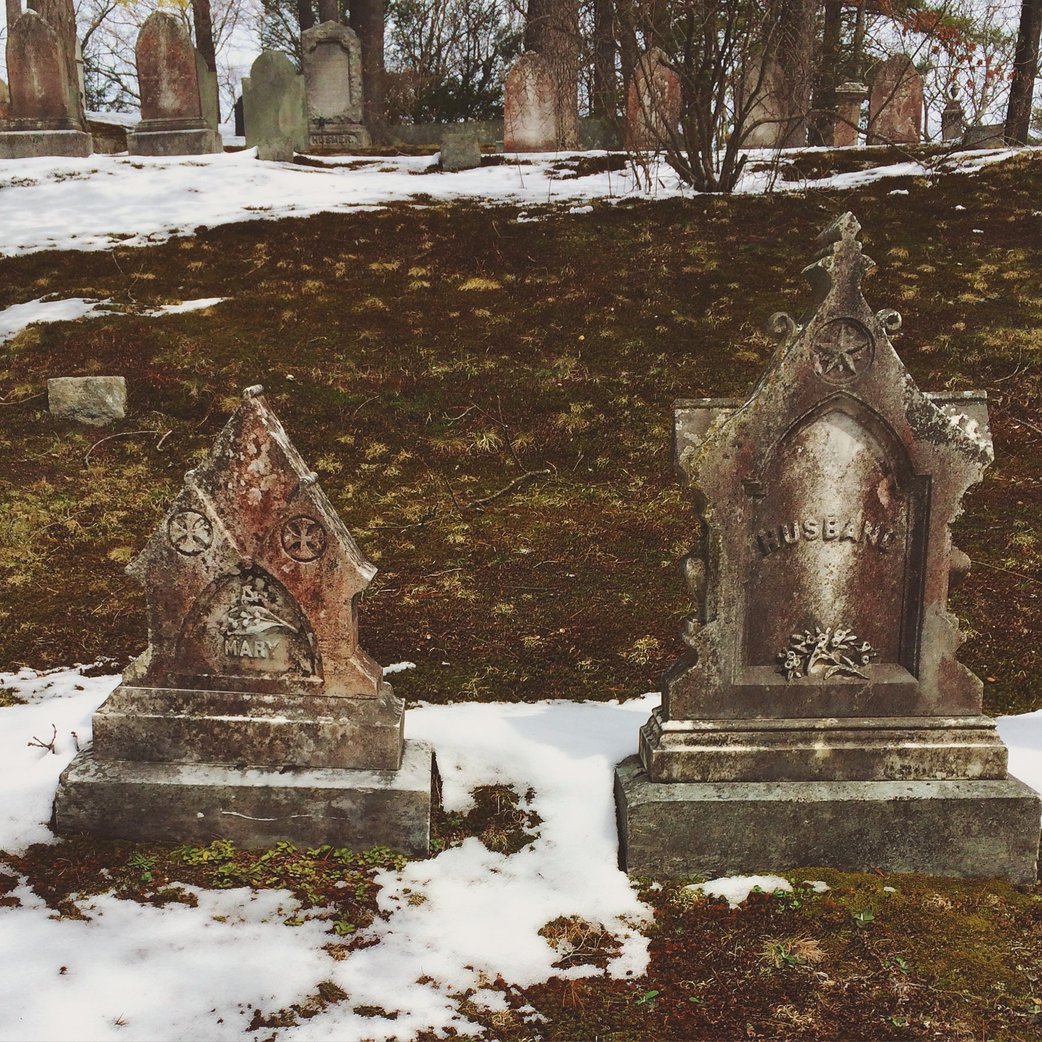 two small but ornate gravestones stand amidst the patchy snow and bare ground. a row of other old gravestones stand in the background