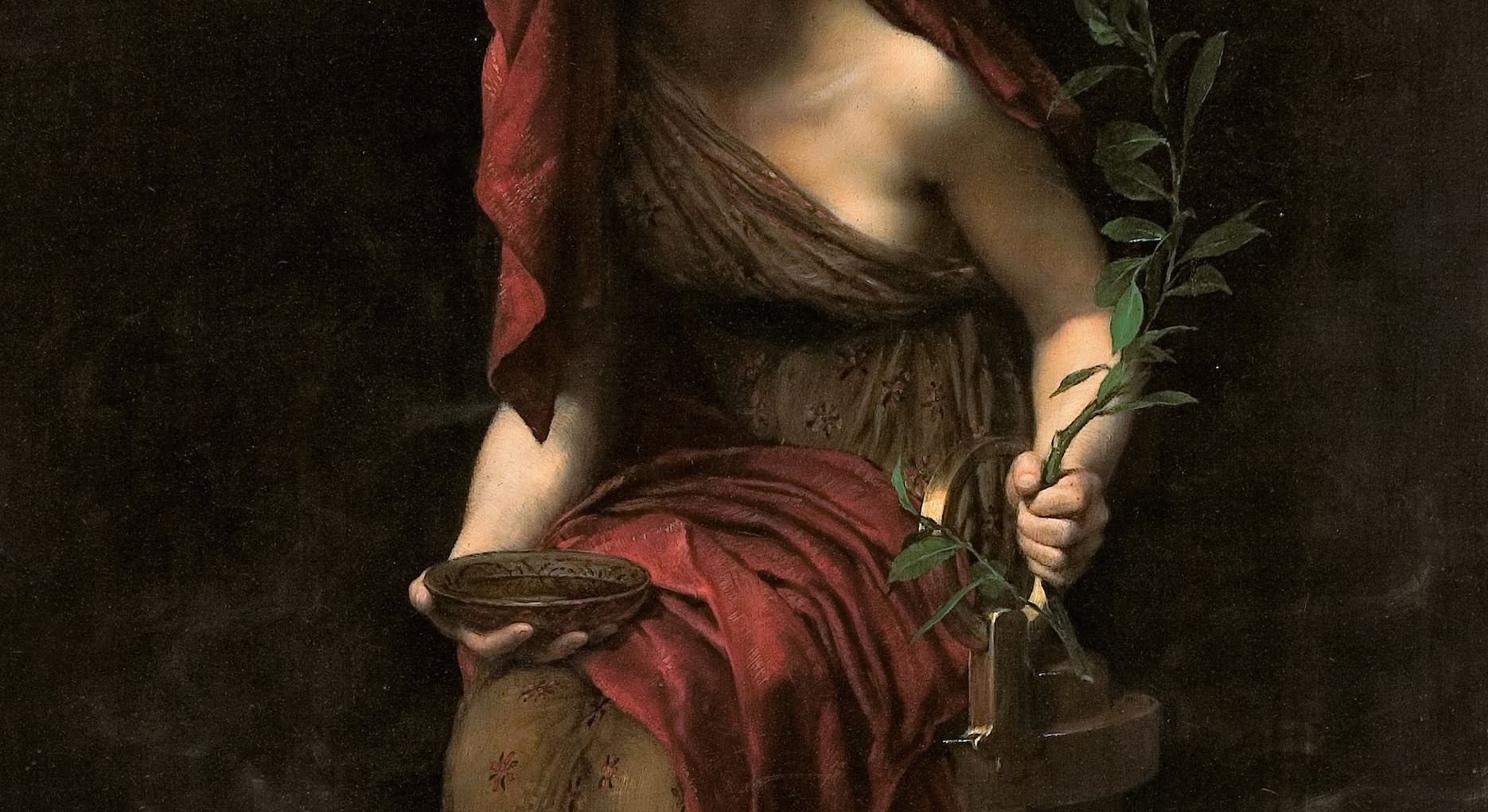 priestess of delphi detail, her hands and torso