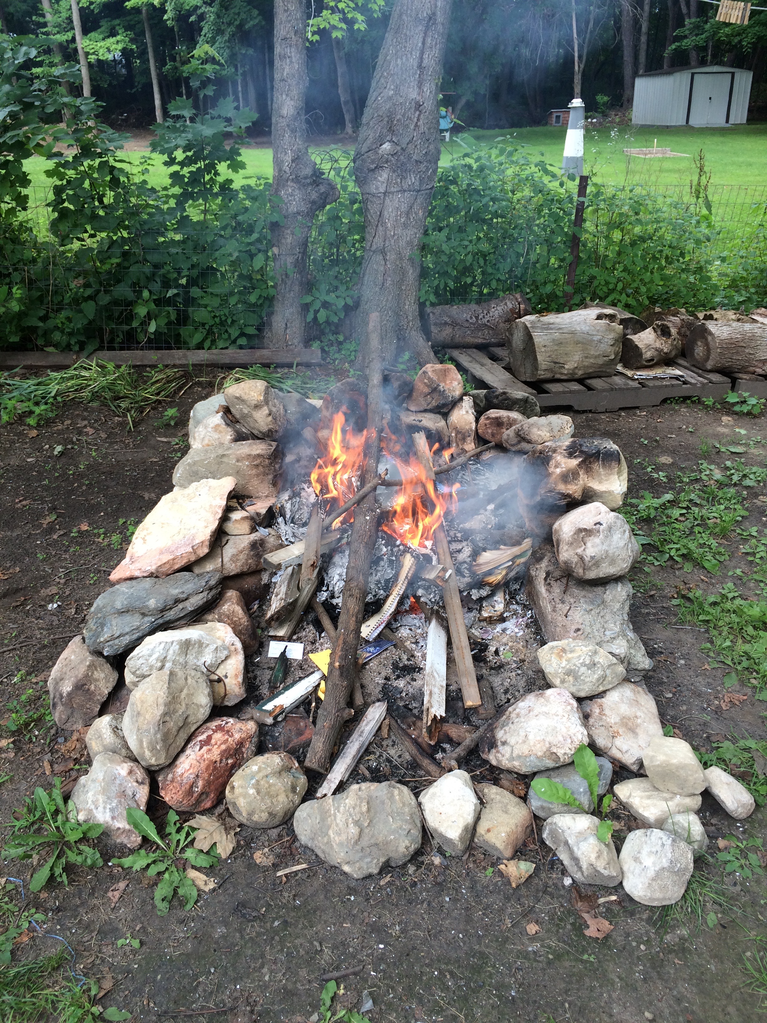 outside. a handmade stone fire pit with a fire burning. white smoke plumes up from the fire, on which are piled old notebooks. in the background, greenery and two tree trunks