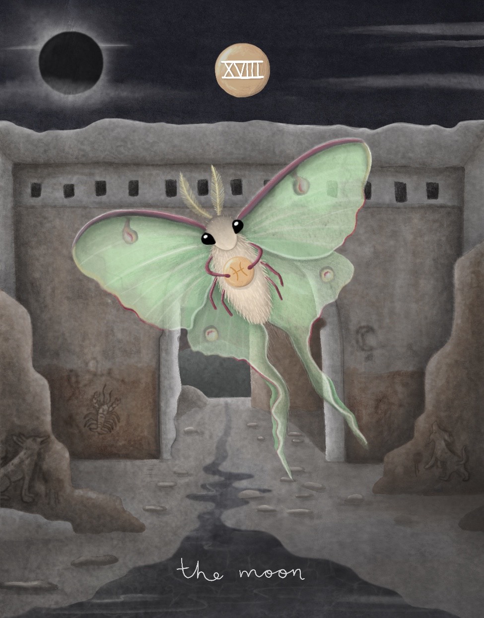 illustration of the moon card featuring a luna moth