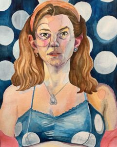 Watercolor painting of Paige. She is facing the viewer and her shoulder-length hair is held back by an orange headband. She is wearing a blue bralette with moon phases printed on it. In the background are full moon shapes on a dark blue background.