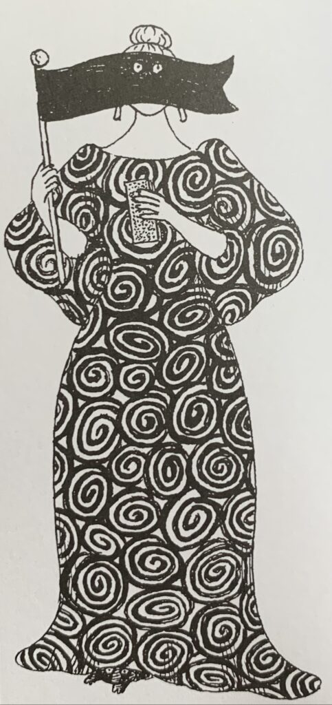 Edward Gorey illustration of a woman in a long dress covered in spirals. She holds an oracle card in her hand and in the other, a black flag on a stick. The flag covers her face so just her eyes peep through.